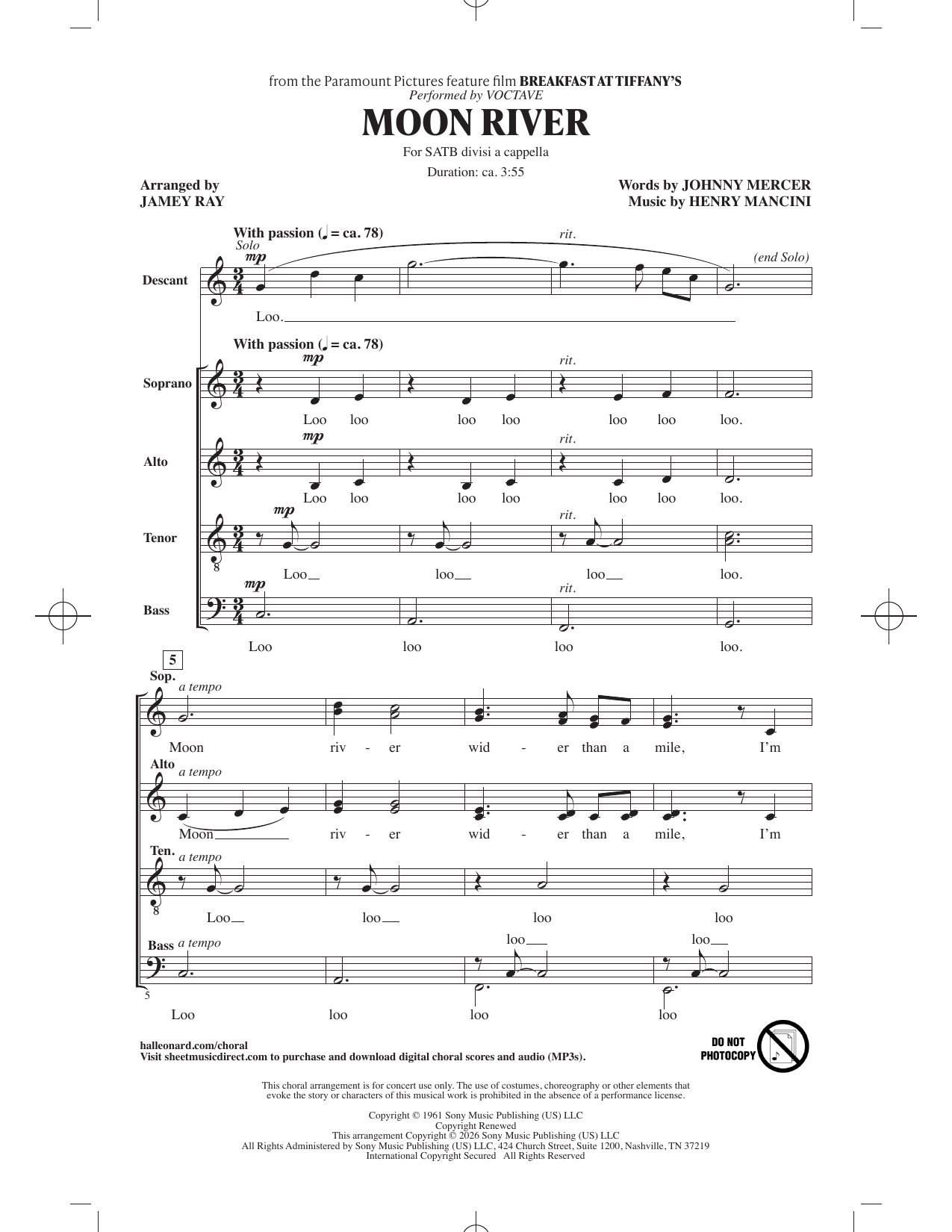 Moon River (arr. Jamey Ray): SATB Divisi Choral Octavo