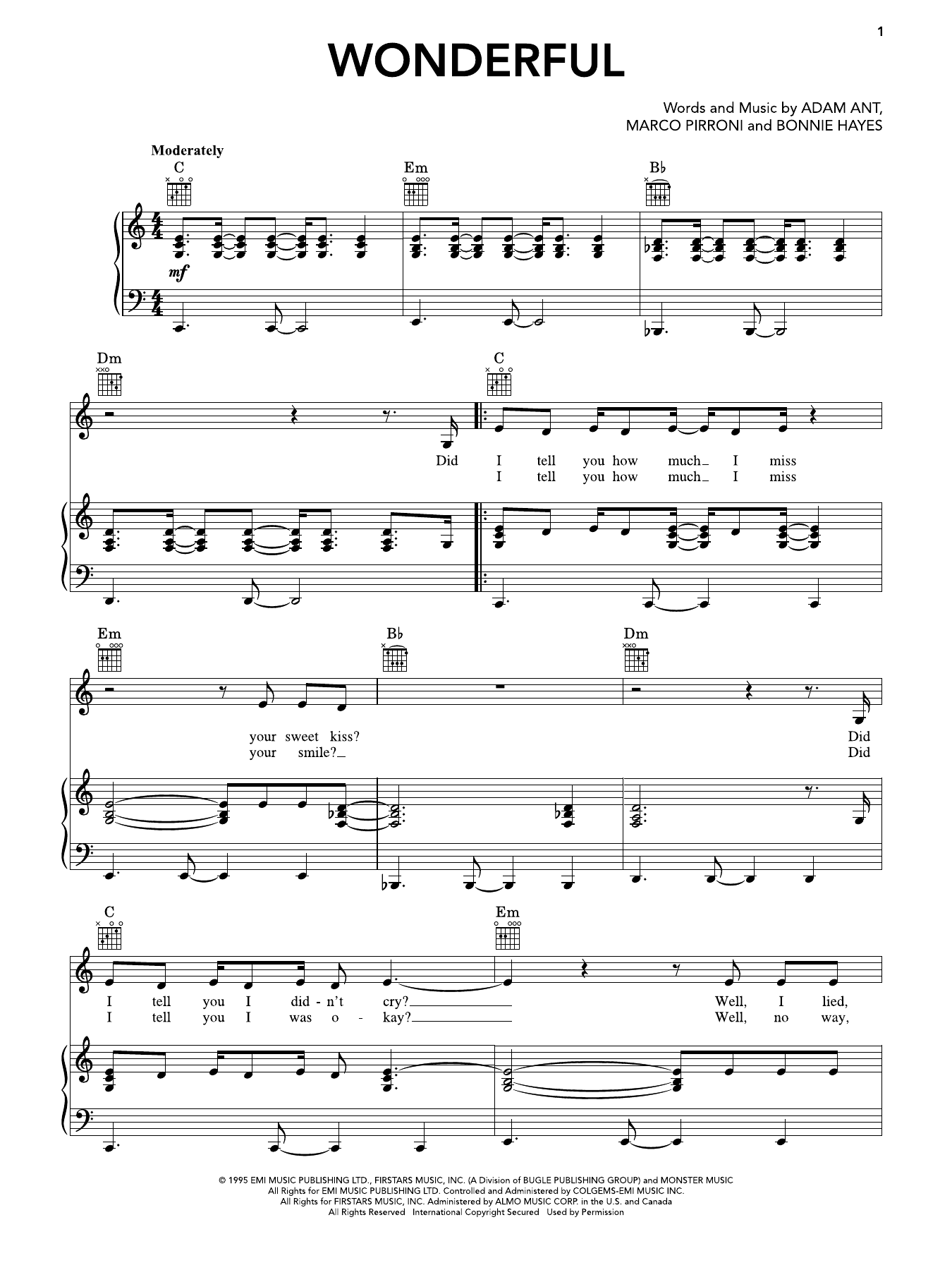 Wonderful: Piano/Vocal/Guitar Sheet