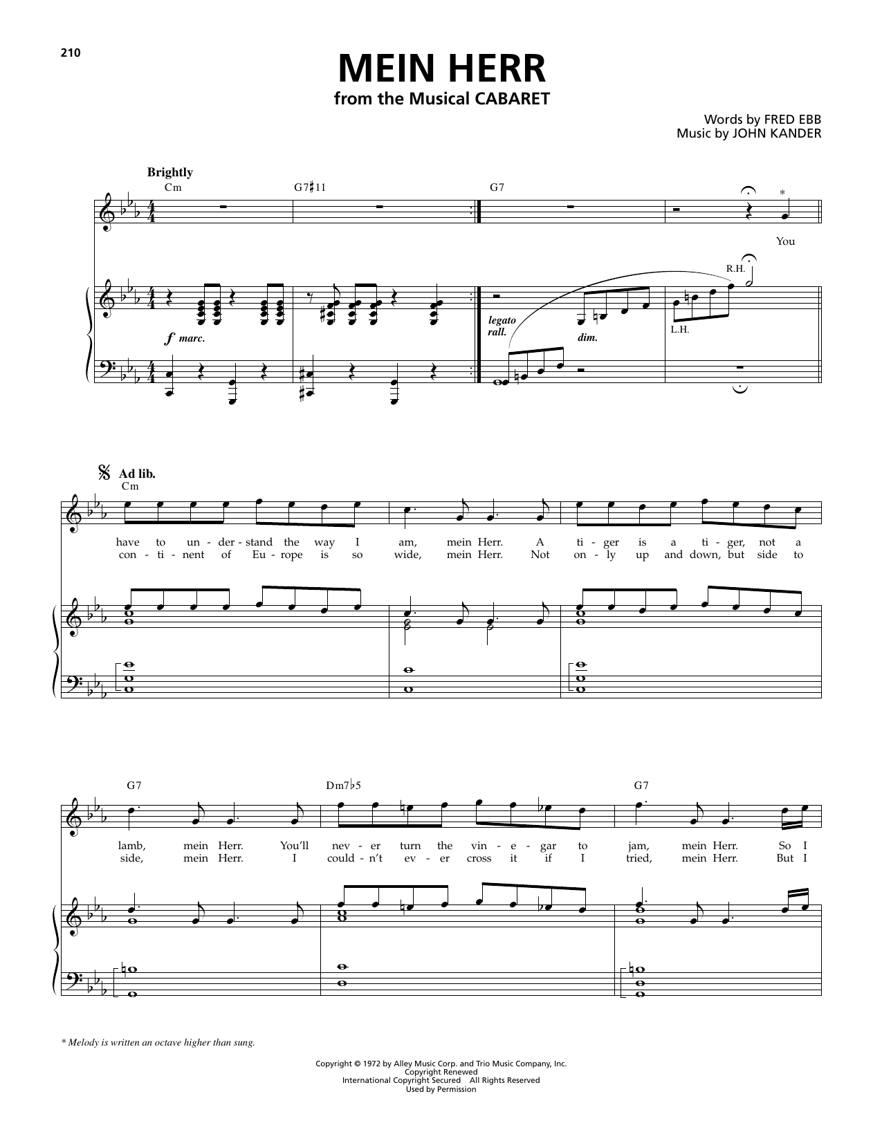 Mein Herr (from Cabaret): Piano/Vocal/Guitar Sheet