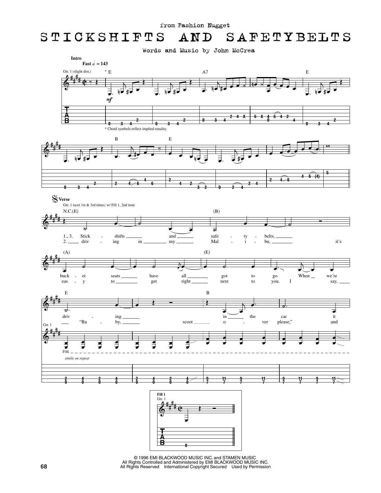 Stickshifts and Safetybelts: Guitar Tab
