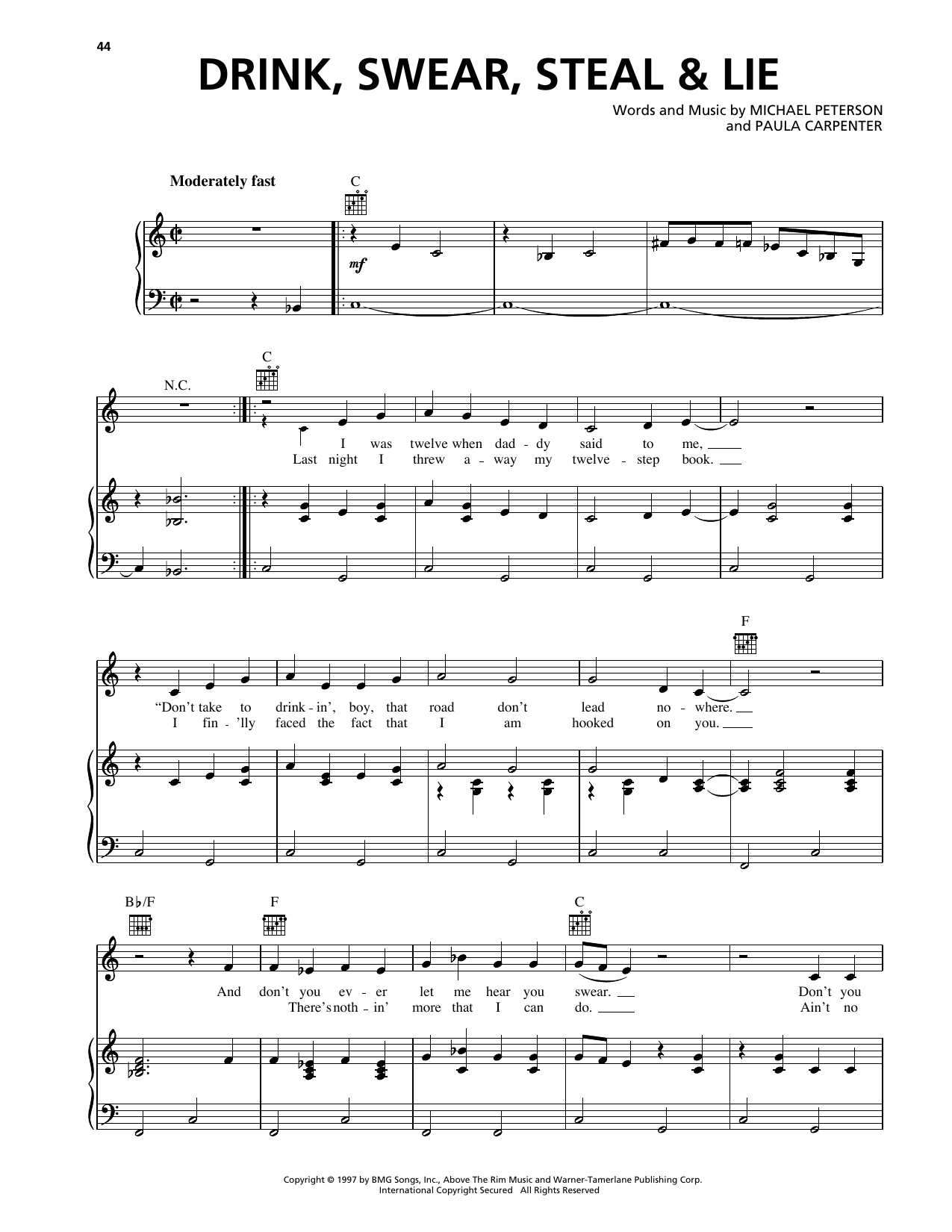 Drink, Swear, Steal & Lie: Piano/Vocal/Guitar Sheet