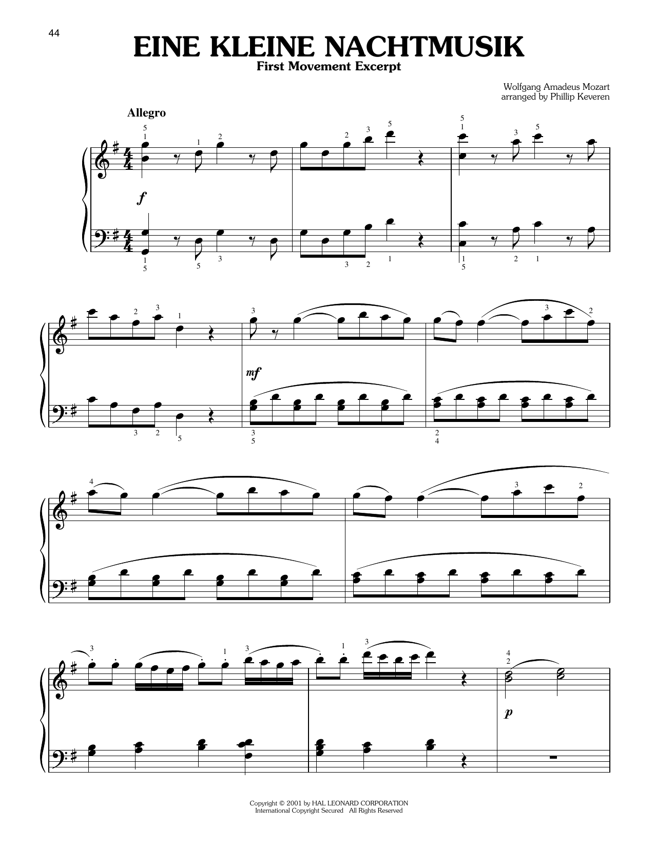 Eine Kleine Nachtmusik ("Serenade"), First Movement Excerpt (arr. Phillip Keveren): Easy Piano