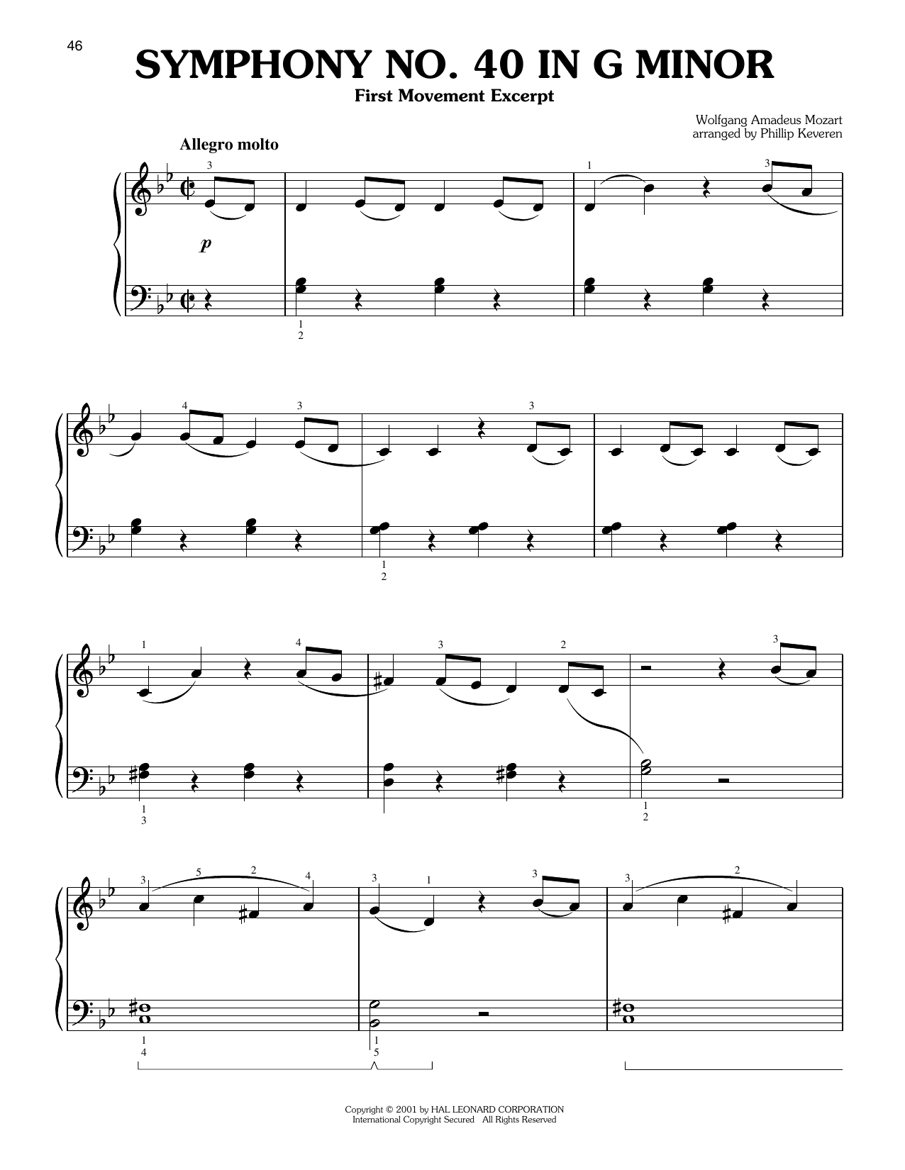 Symphony No. 40 In G Minor, First Movement Excerpt (arr. Phillip Keveren): Easy Piano