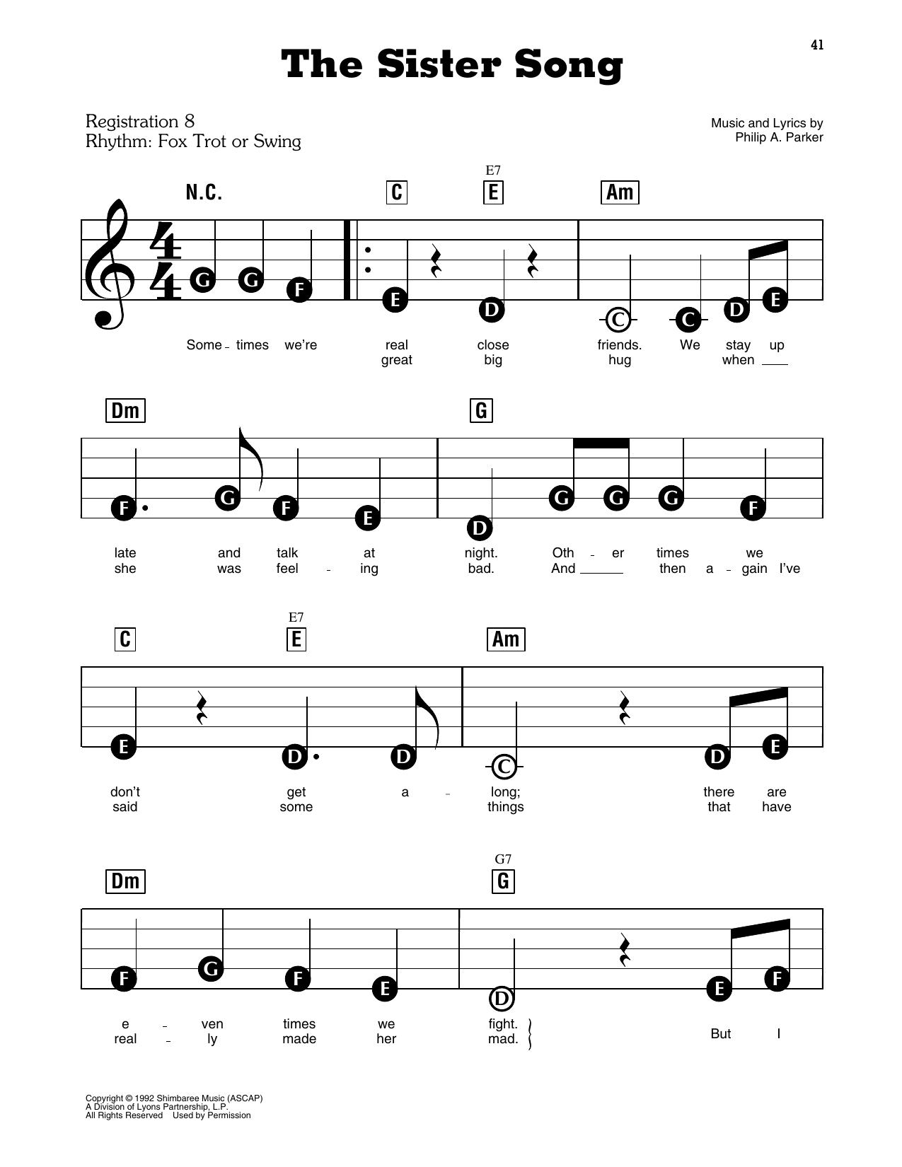 The Sister Song (from Barney): E-Z Play Today
