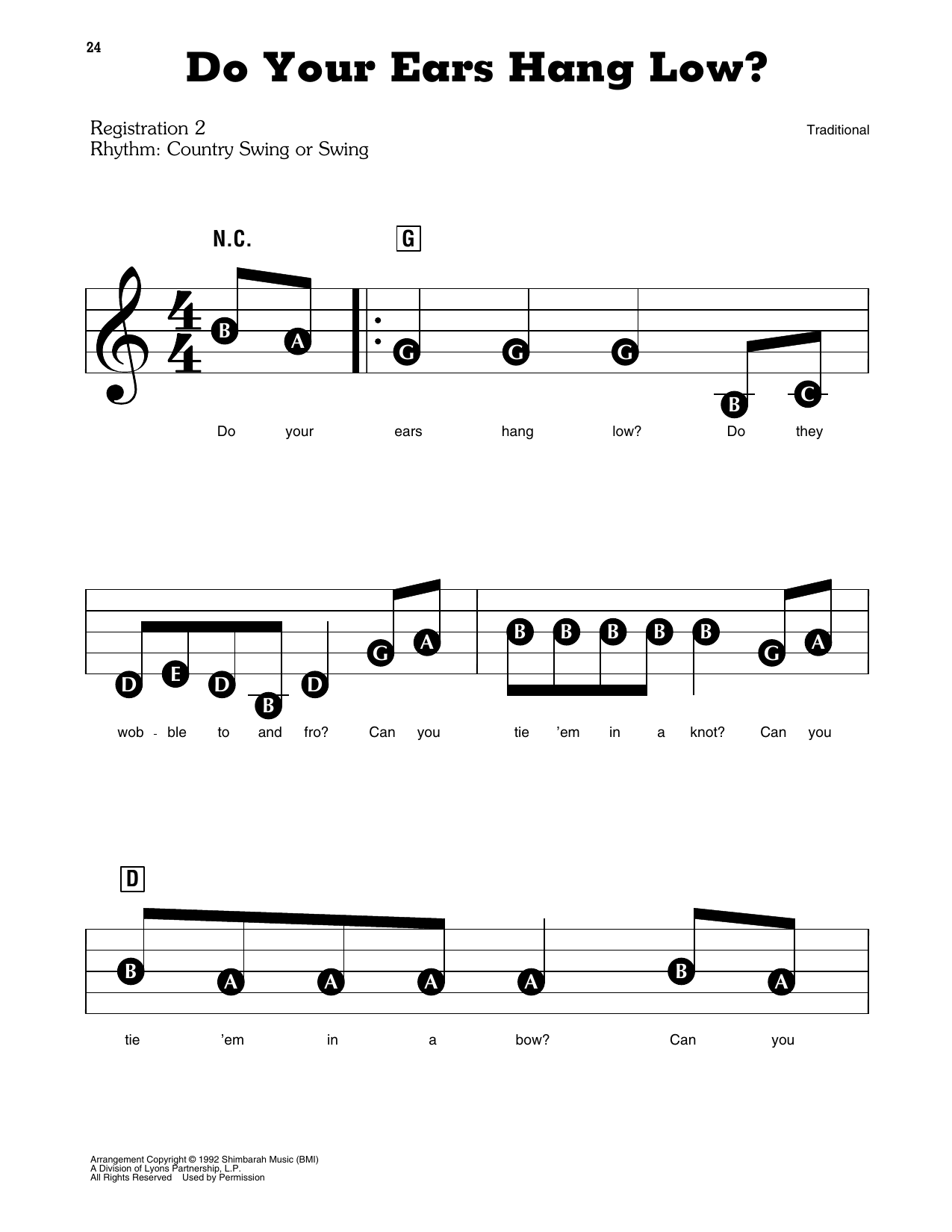 Do Your Ears Hang Low? (from Barney): E-Z Play Today