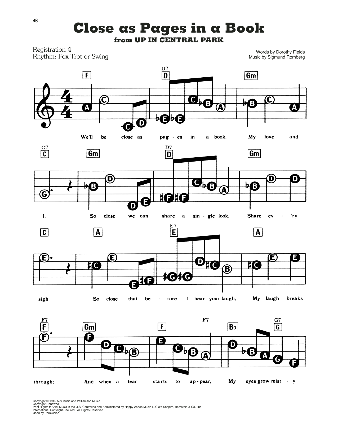 Close As Pages In A Book (from Up In Central Park): E-Z Play Today