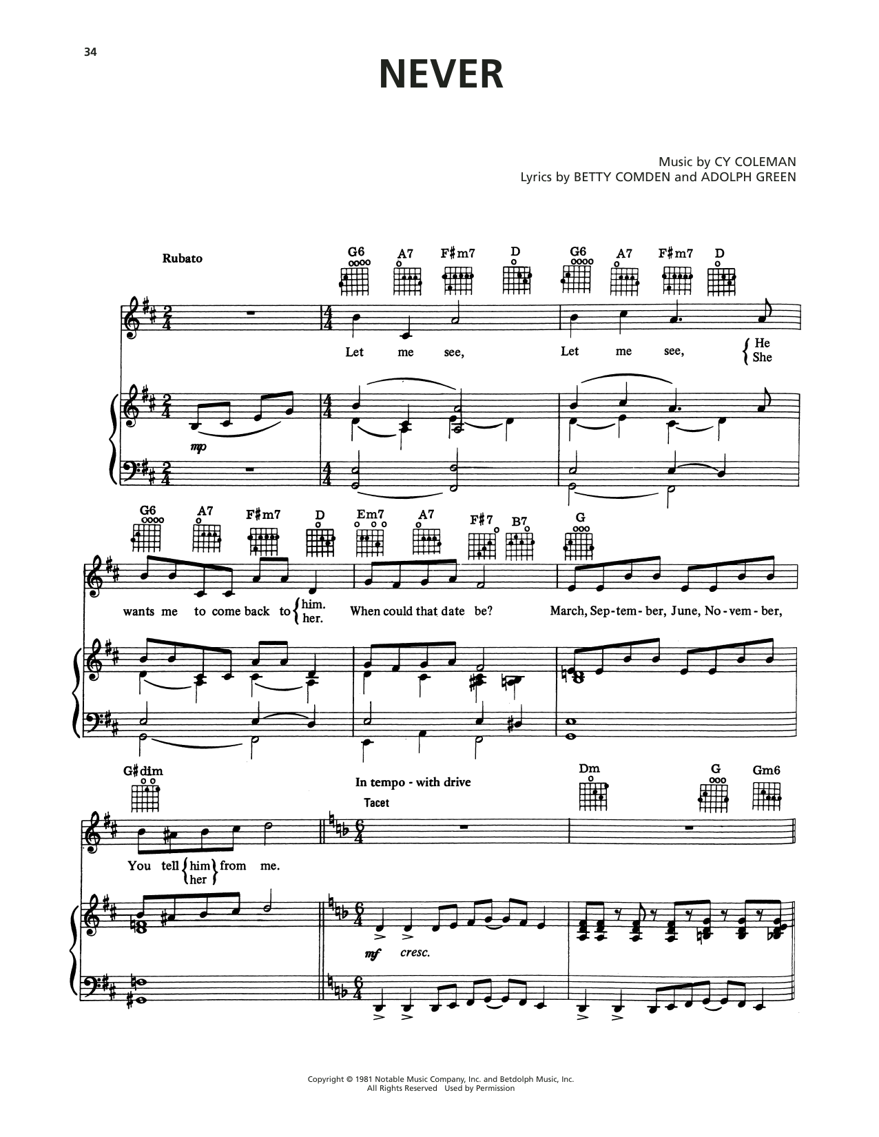 Never (from On The Twentieth Century): Piano/Vocal/Guitar Sheet