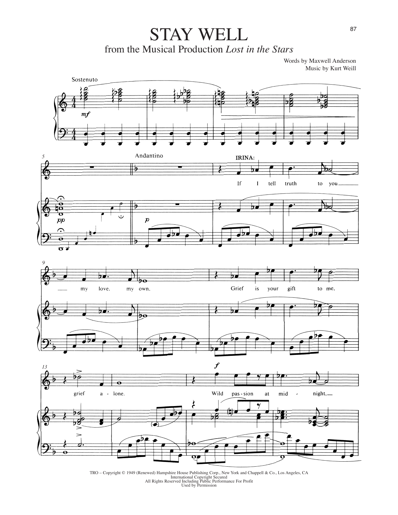 Stay Well (from Lost In The Stars): Piano Vocal