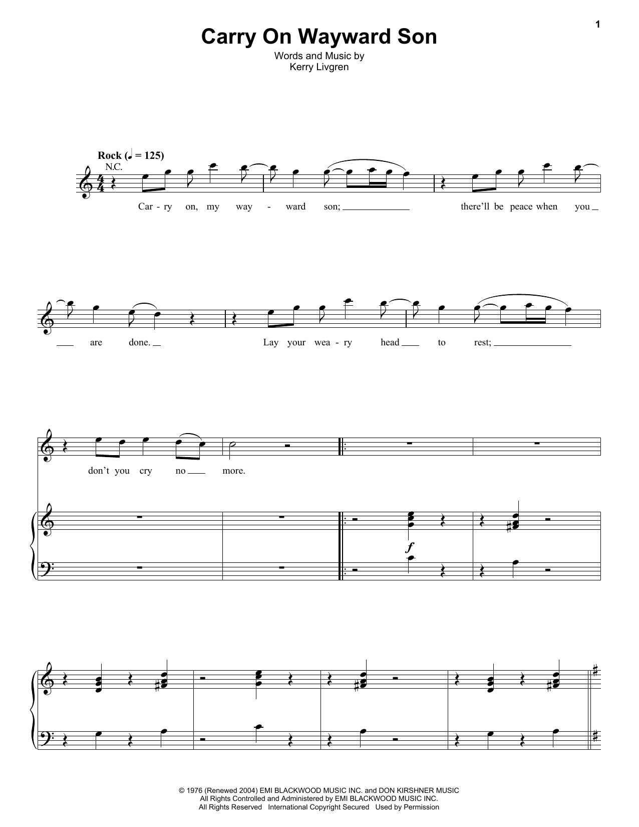 Carry On Wayward Son Sheet Music Kansas Full Band with Vocals PlayAlong