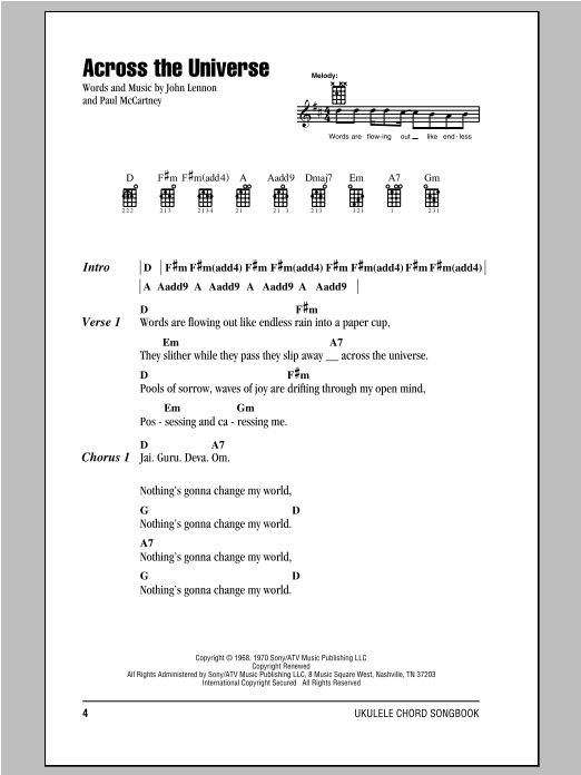 Across The Universe Sheet Music The Beatles Ukulele Chords Lyrics