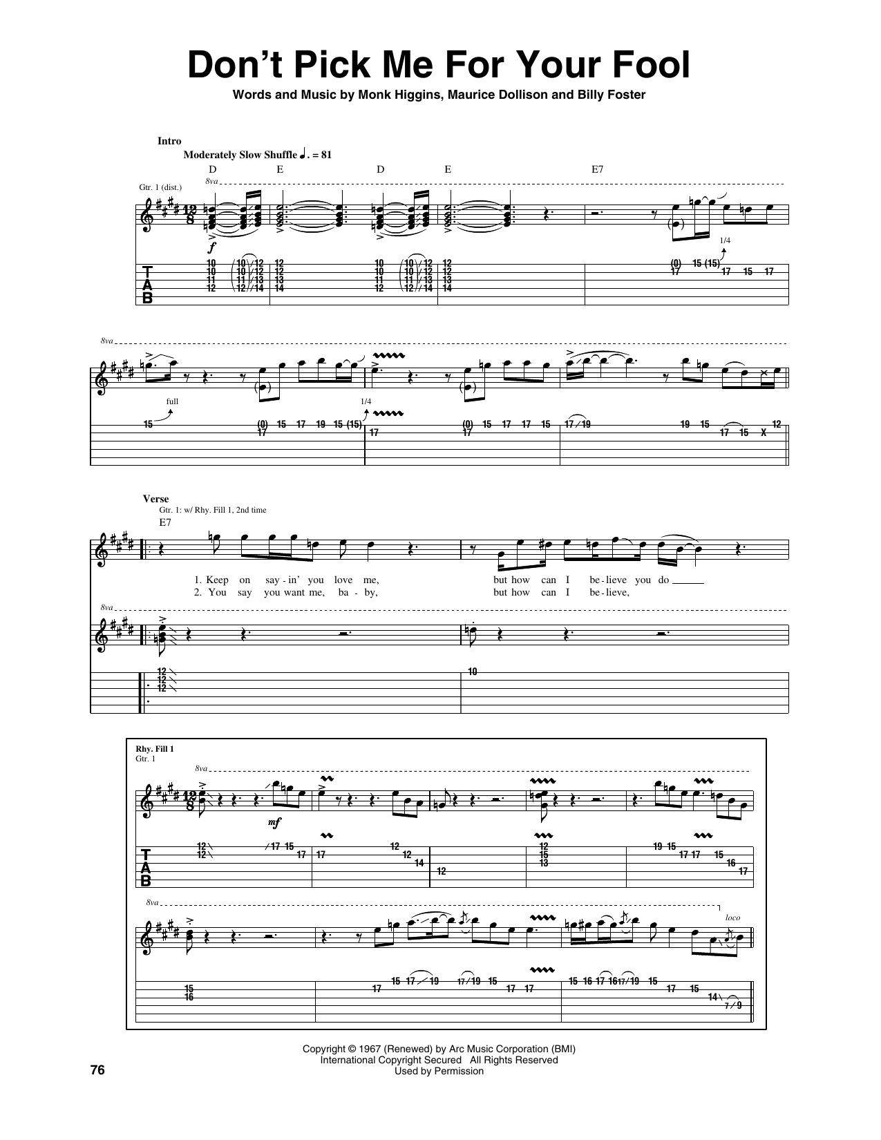 Don't Pick Me For Your Fool: Guitar Tab