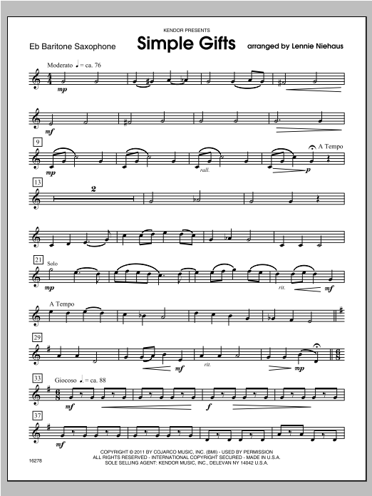 Simple Gifts Baritone Sax Sheet Music Niehaus Woodwind Ensemble