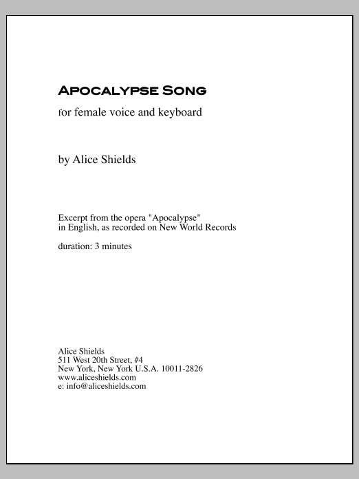 Apocalypse Song for female voice and keyboard: Piano Vocal