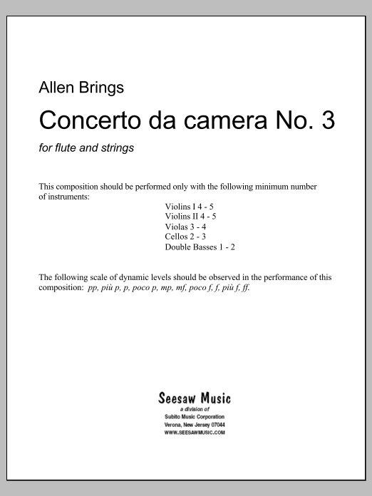 Concerto da Camera No. 3: String Orchestra Conductor Score & Parts