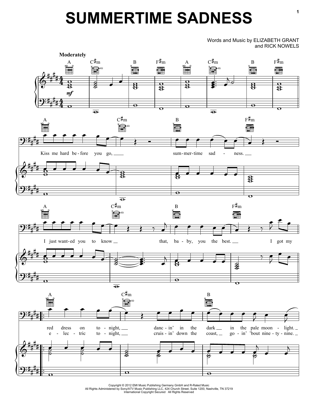 Summertime Sadness By Lana Del Rey Sheet Music For Piano Vocal 