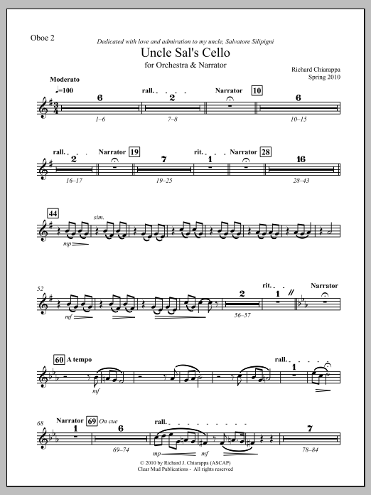 Uncle Sal's Cello (for narrator and orchestra) - Oboe