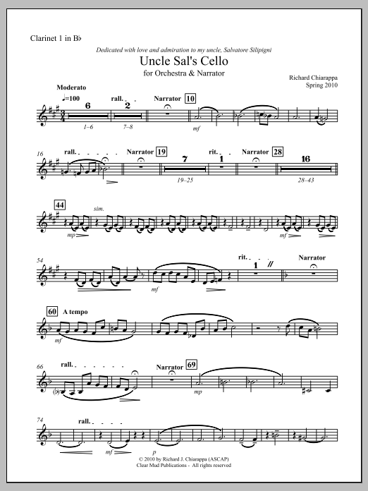 Uncle Sal's Cello (for narrator and orchestra) - Clarinet