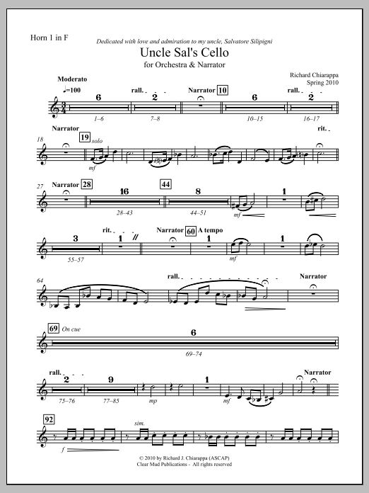 Uncle Sal's Cello (for narrator and orchestra) - F Horn