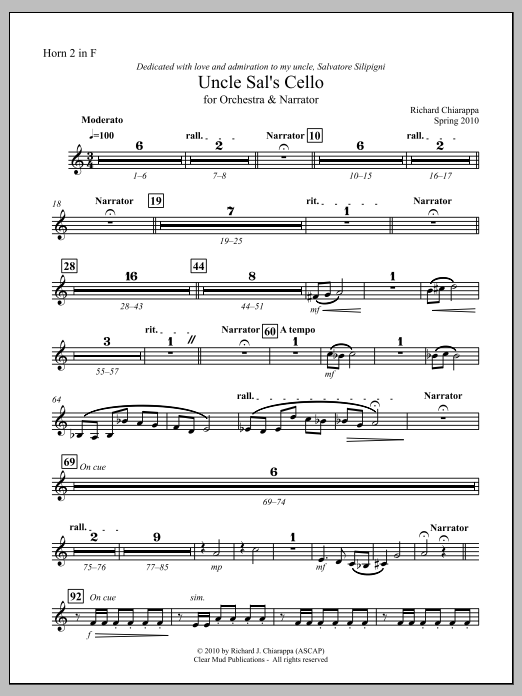 Uncle Sal's Cello (for narrator and orchestra) - F Horn