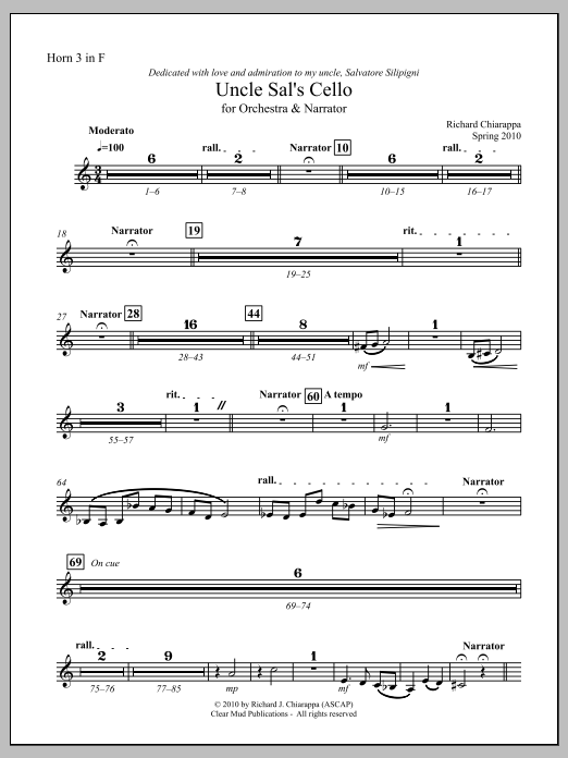 Uncle Sal's Cello (for narrator and orchestra) - F Horn