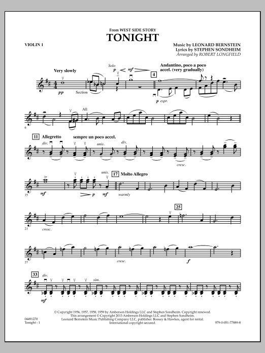 Tonight from West Side Story Violin 1 By Robert Longfield Sheet 