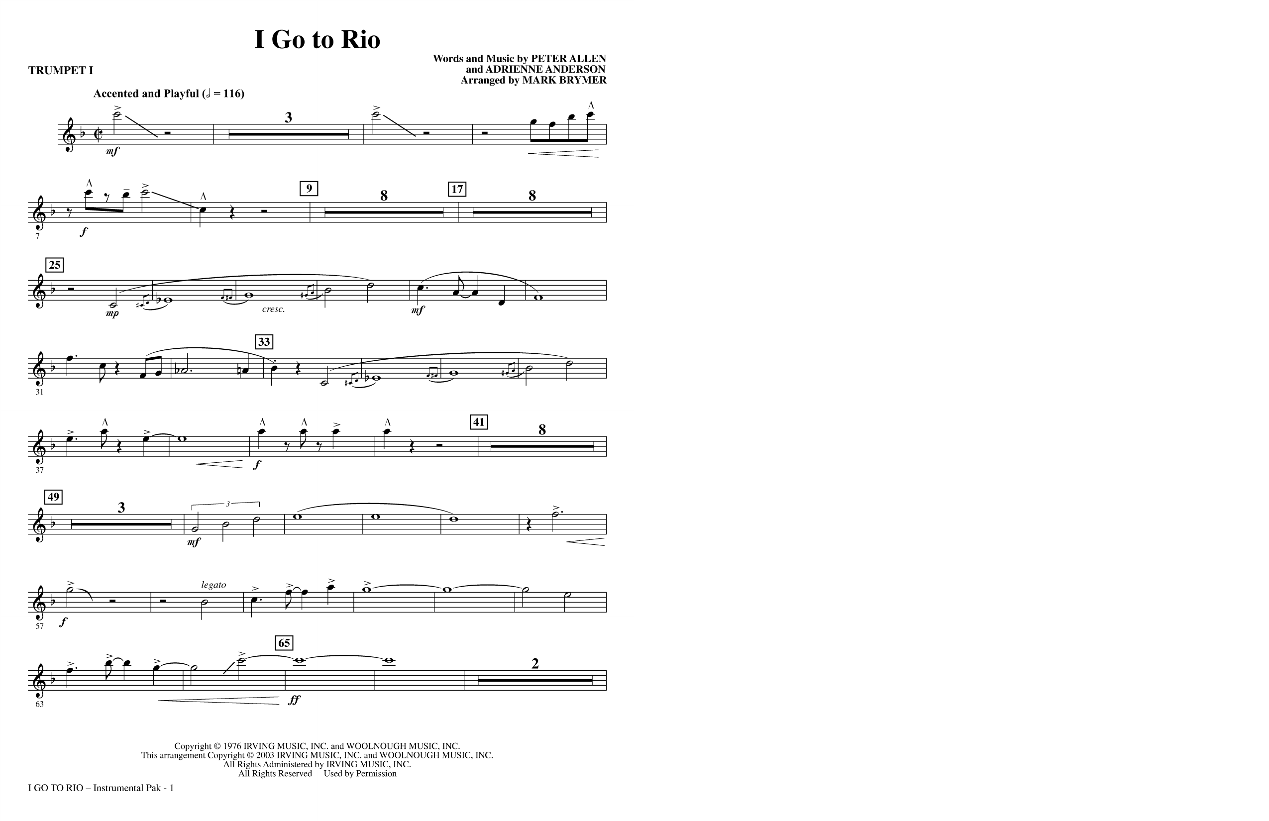 I Go To Rio (arr. Mark Brymer): Choral Instrumental Pak