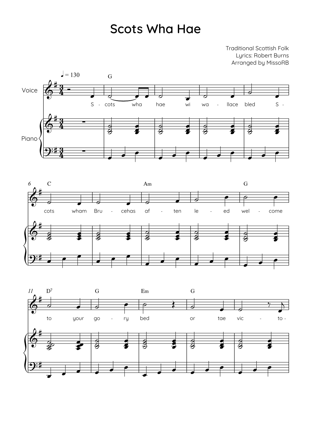 Traditional Scots Script Scots Wha Hae - Voice with Piano in G Easy with Chords and Lyrics (arr ...