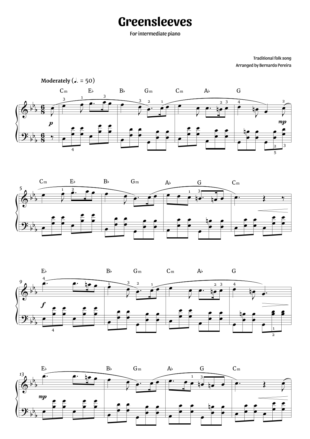 Greensleeves (intermediate piano – C minor) (arr. Bernardo Pereira) by  Traditional Folk Song Piano Solo Digital Sheet Music, image size:1071x1515