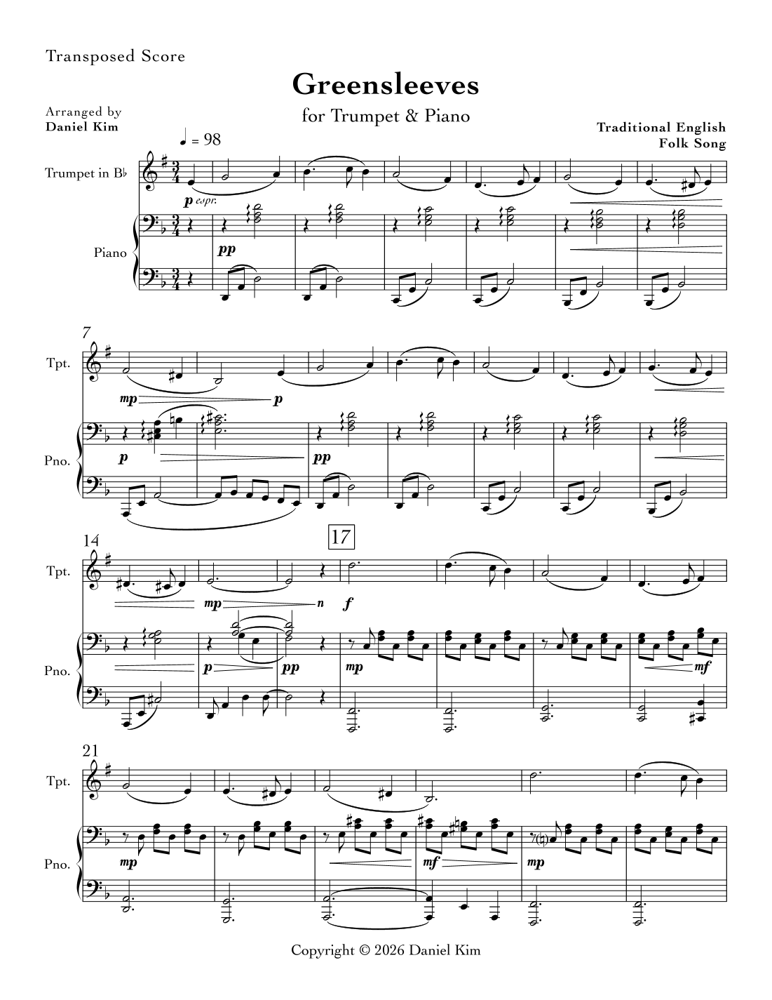 Greensleeves (Trumpet & Piano) (arr. Daniel Kim) by Traditional English ...