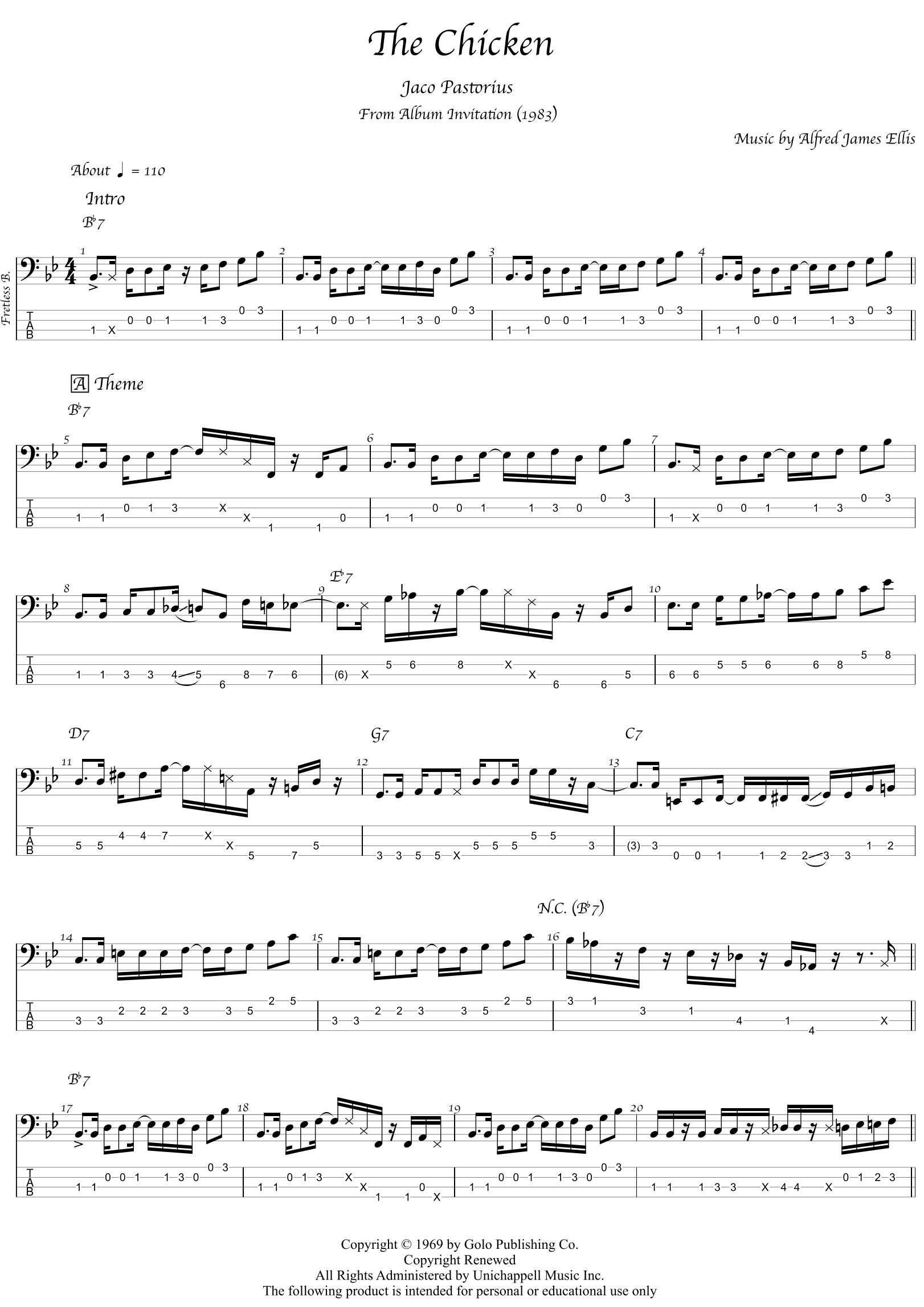 The Chicken Jaco Pastorius (Invitation) Sheet Music Jaco Pastorius Bass Guitar Tab