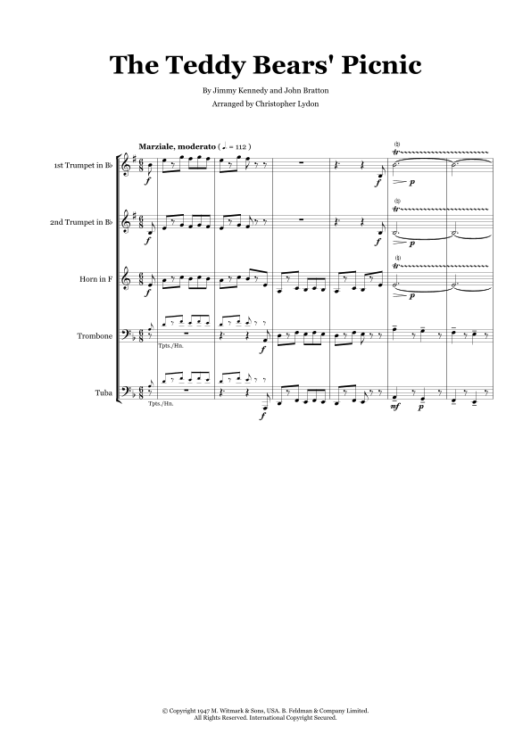 The Teddy Bears' Picnic Sheet Music Jimmy Kennedy Brass Ensemble