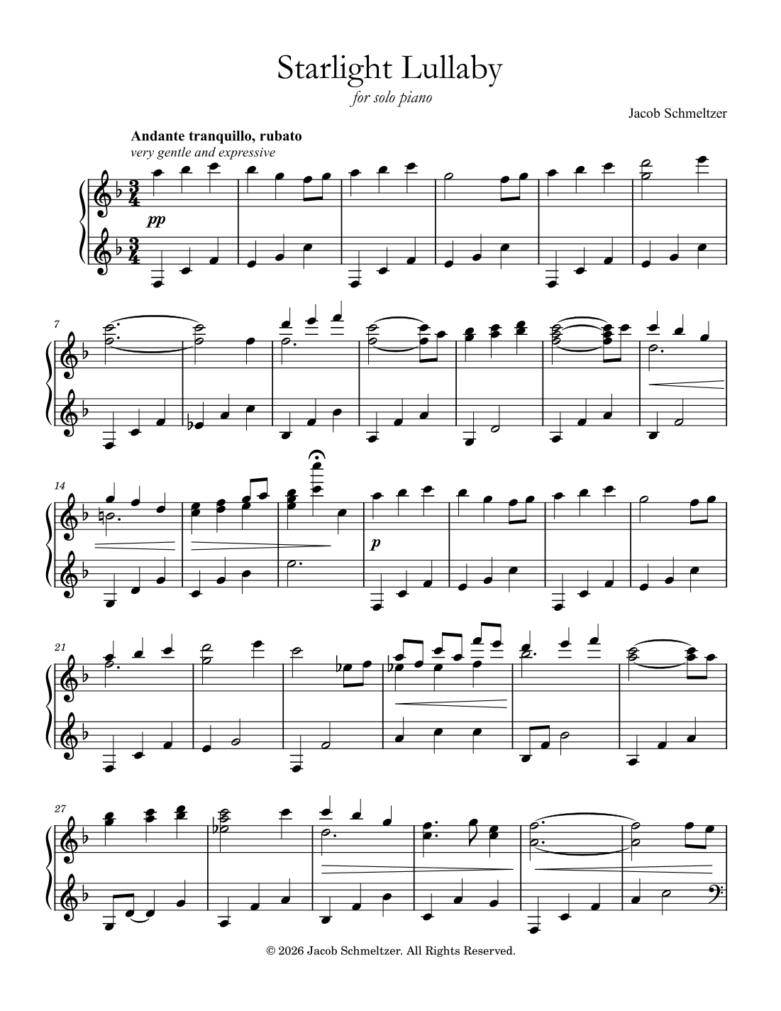 Starlight Lullaby - Piano Solo by Jacob Schmeltzer Sheet Music for ...