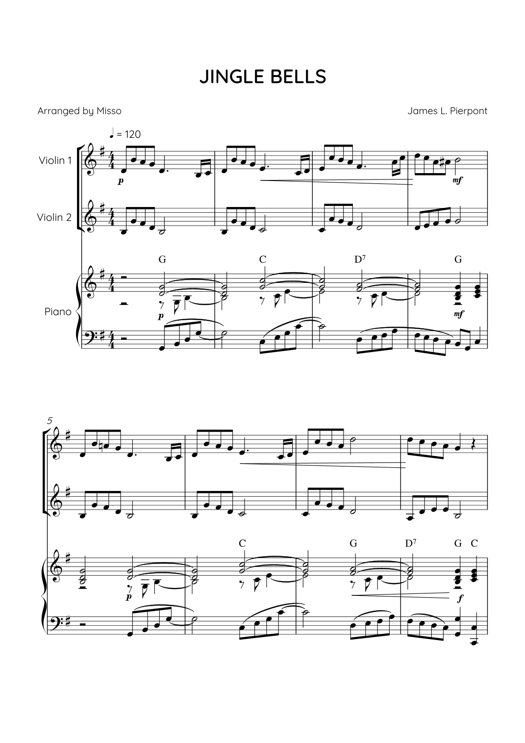 Jingle Bells - Violin Duet & Piano in G Major (Intermediate With Chords ...