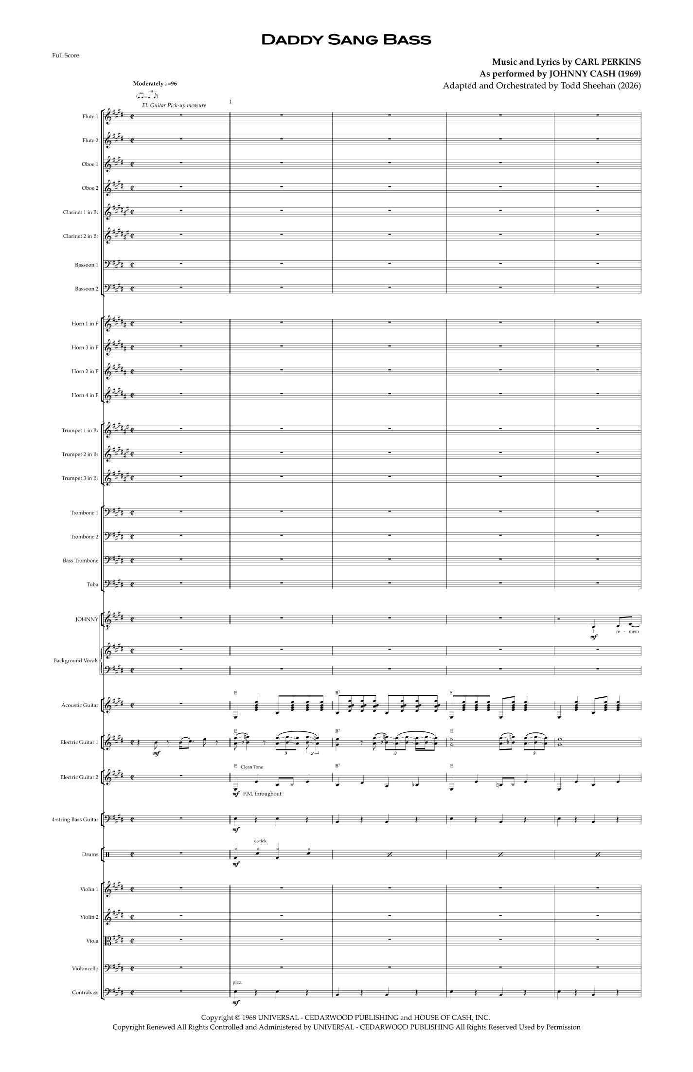 【约翰尼·卡什《爸爸唱低音》（托德·希汉改编）管弦乐谱】Daddy Sang Bass (arr. Todd Sheehan) by Johnny Cash Full Orchestra PDF乐谱下载