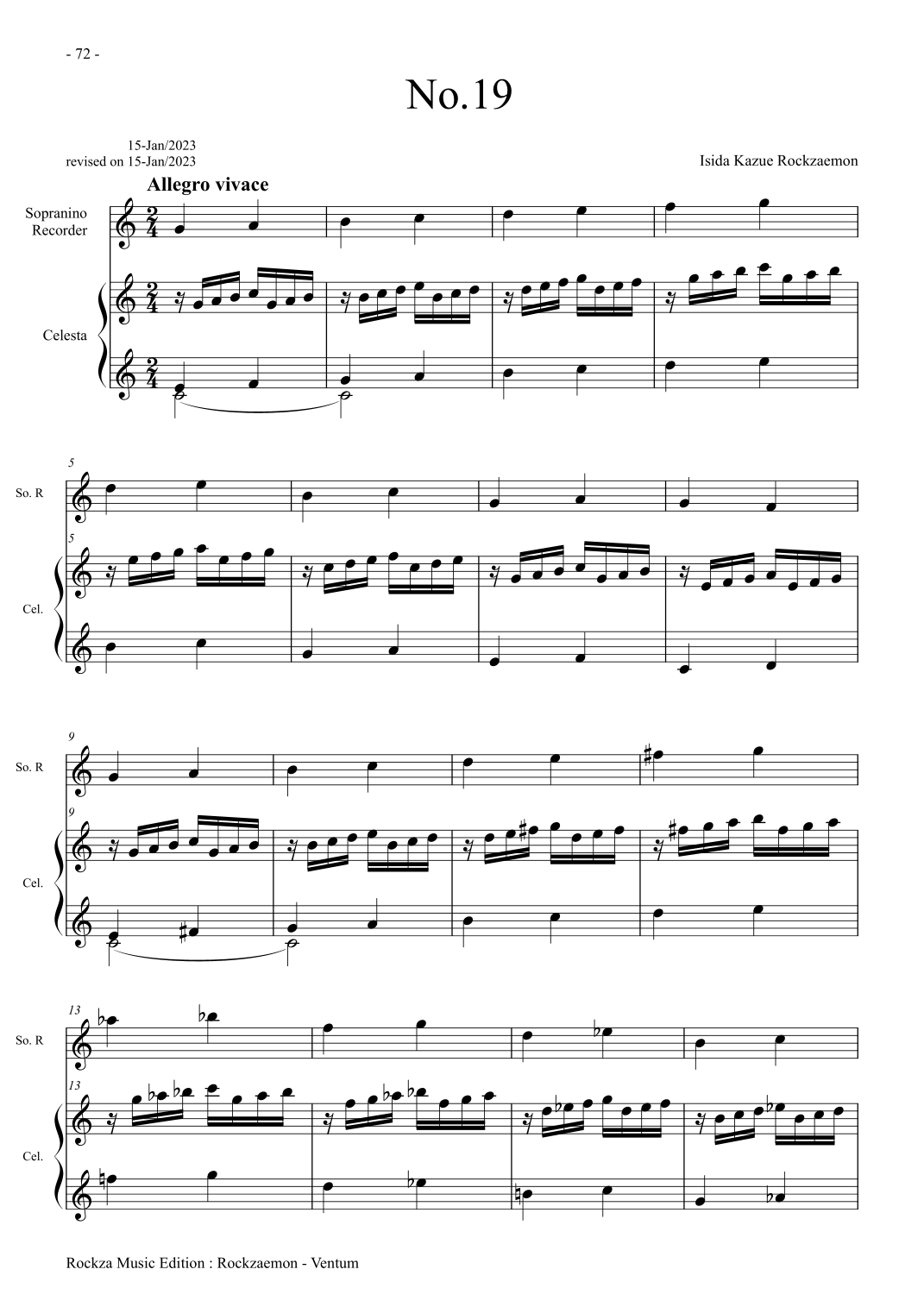 Prelude for Sopranino Recorder and Celesta, "Ventum" No.19 Partituras Digitales