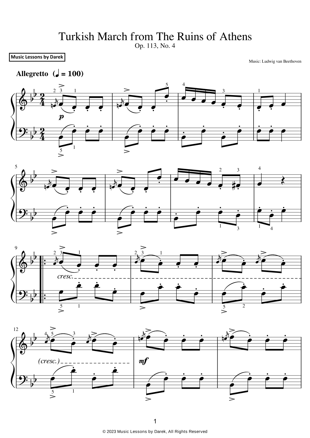 Turkish March From The Ruins Of Athens EASY PIANO Op 113 No 4 