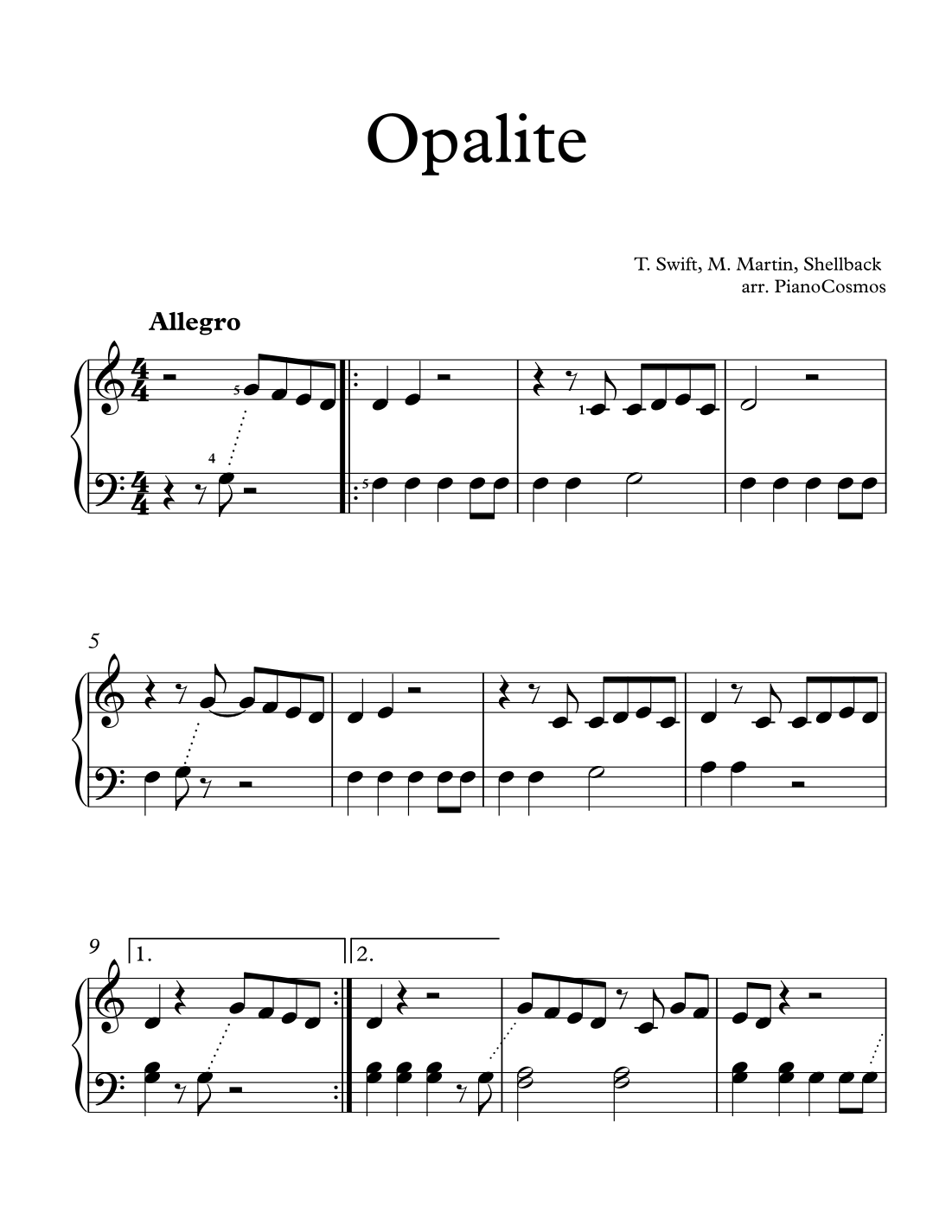 Opalite (arr. Piano Cosmos) by Taylor Swift Sheet Music for Easy Piano