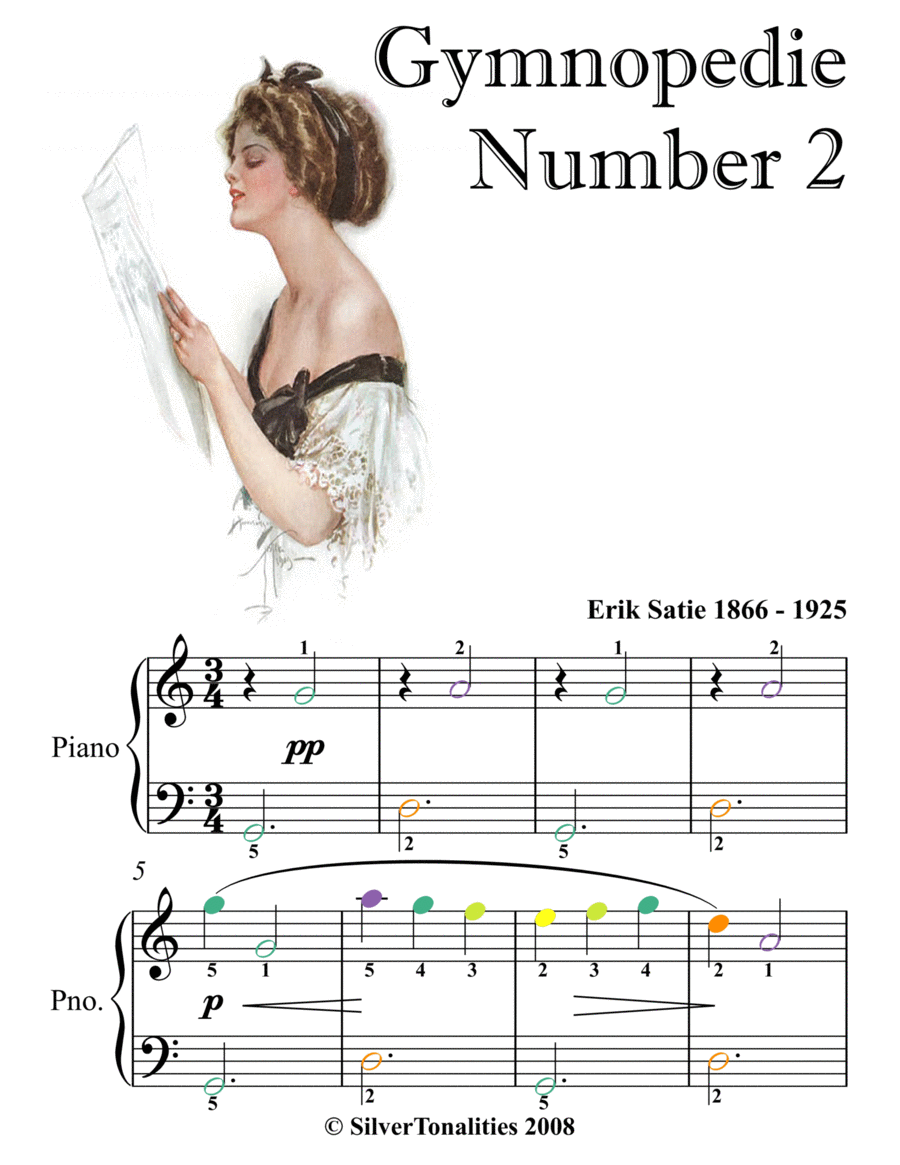 Gymnopedie Number 2 Easiest Piano Sheet Music with Colored Notes Sheet