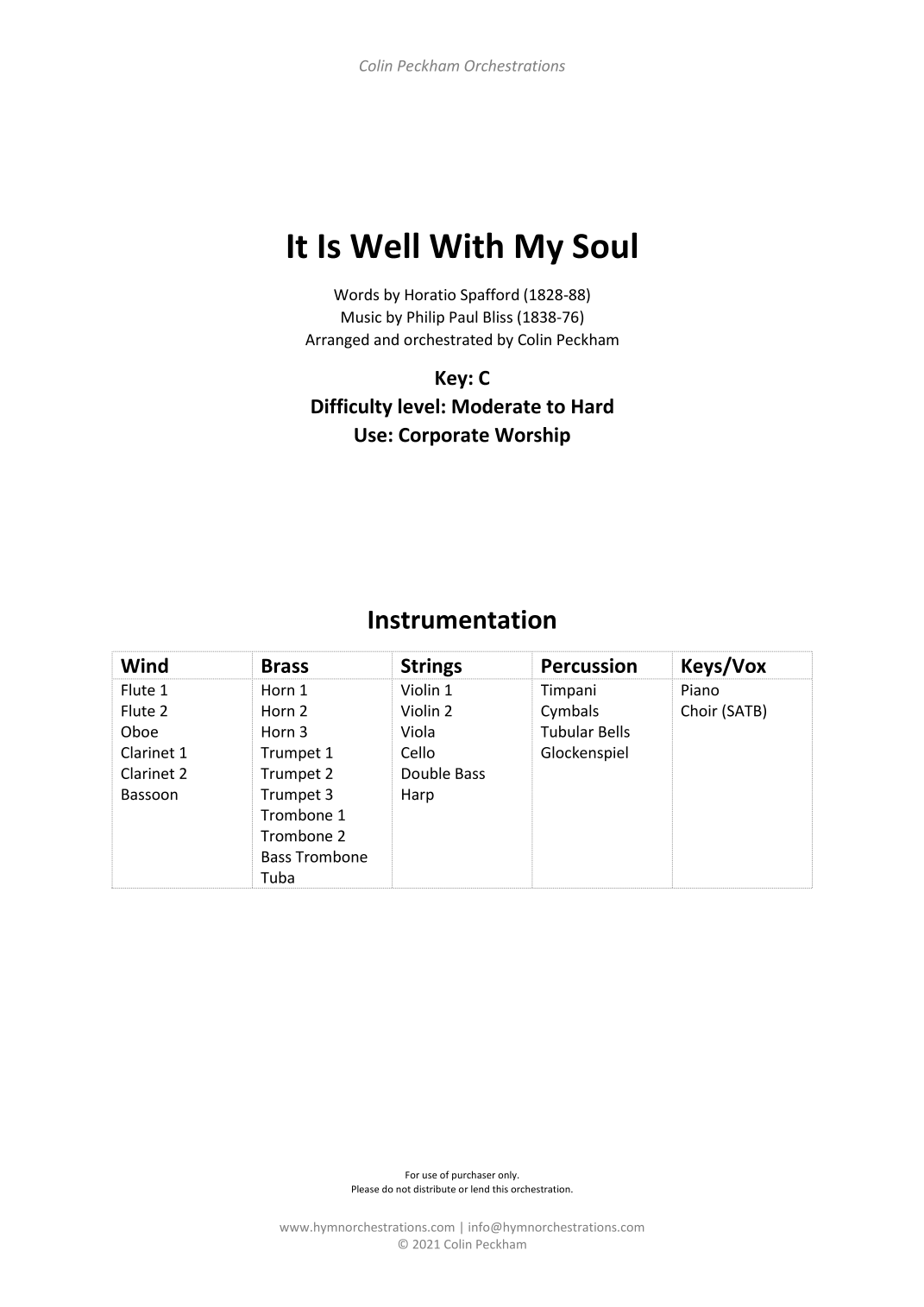 It Is Well With My Soul (我心灵得安宁) (When peace like a river) (arr. Colin Peckham) by Philip Paul Bliss (1838-76) 管弦乐团 - 预览
