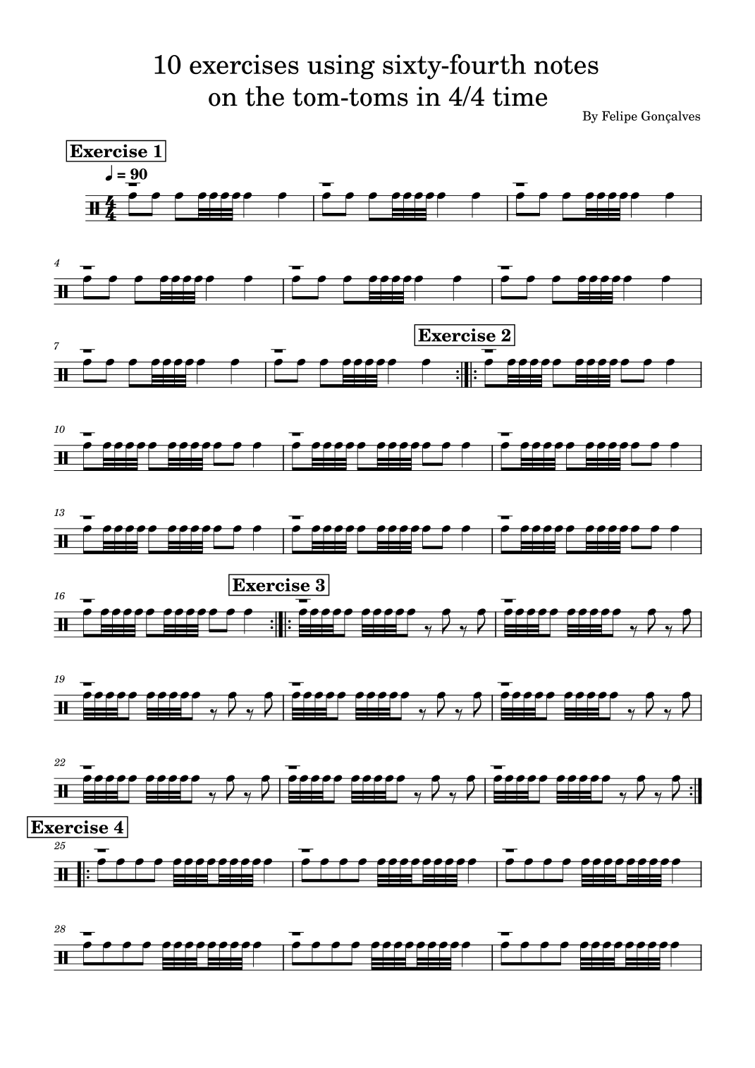 10 exercises using sixty-fourth notes on the tom-toms in 4/4 time by ...