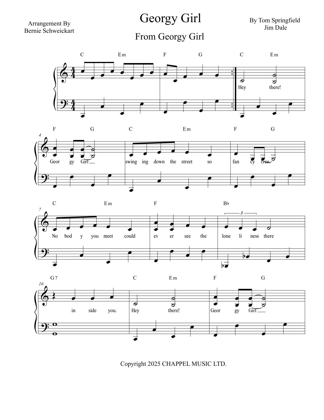 Georgie Girl (arr. Bernie Schweickart) by Jim Dale Sheet Music for ...