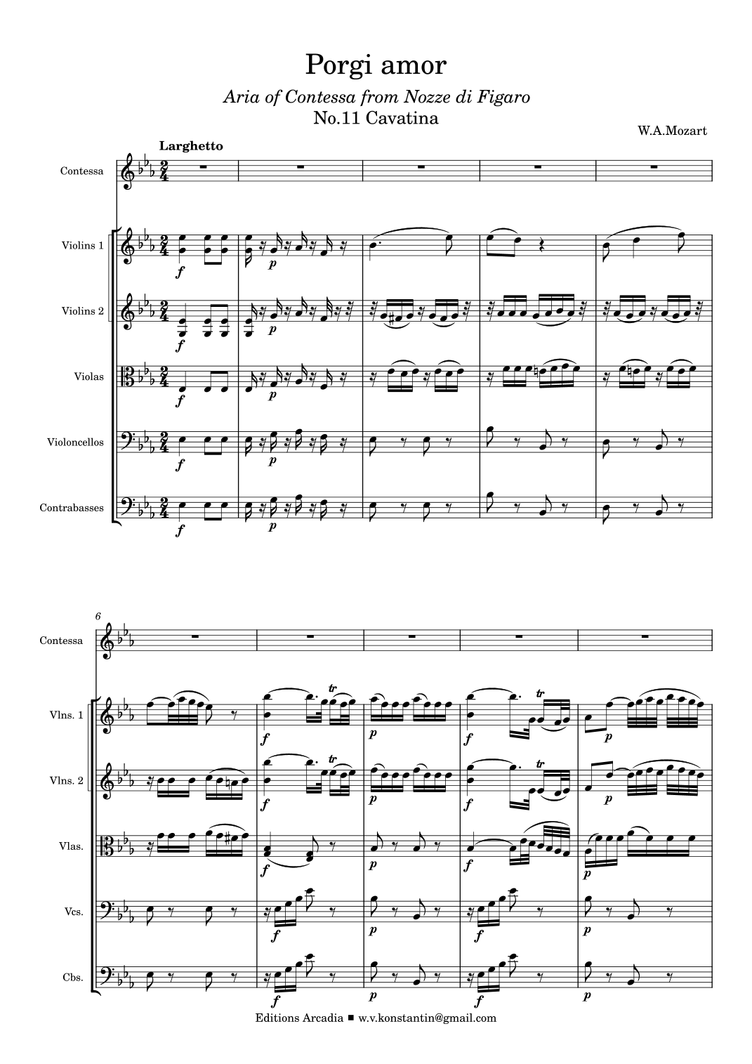 W.A.Mozart: Porgi amor. 总谱. 改编为弦乐队或弦乐五重奏 (arr. Editions Arcadia) by W.A.Mozart String Ensemble - 预览