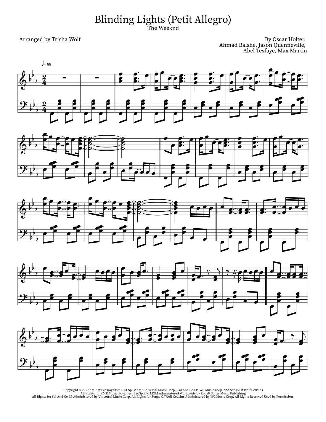 Blinding Lights (arr. Trisha Wolf) by The Weeknd Sheet Music for Piano ...