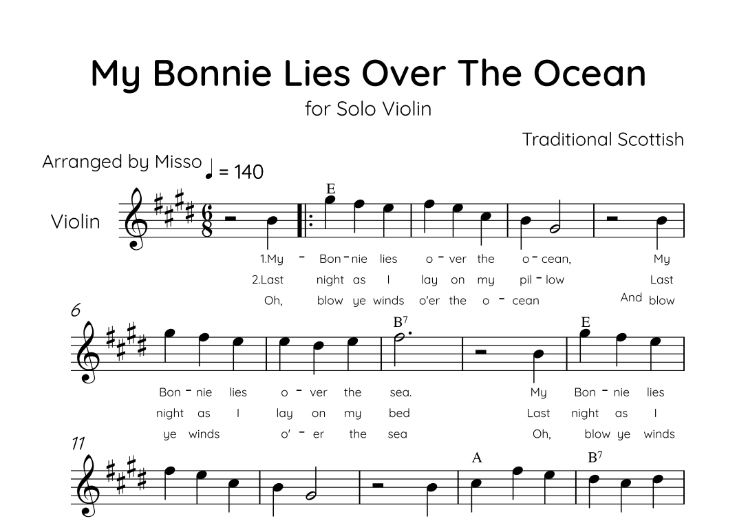 My Bonnie Lies Over The Ocean - Solo Violin in E Major Easy With Lyrics & Chords (arr. MissoRB) Partition Digitale