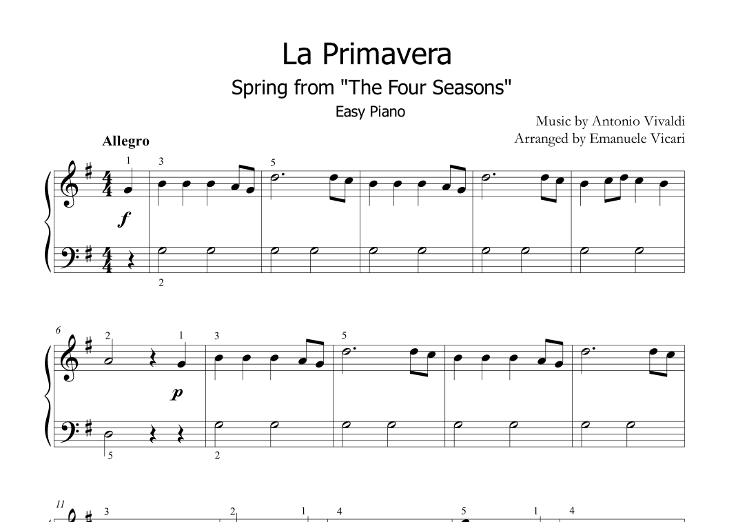 La Primavera (Spring) - Main Theme from The Four Seasons - Easy Piano ...