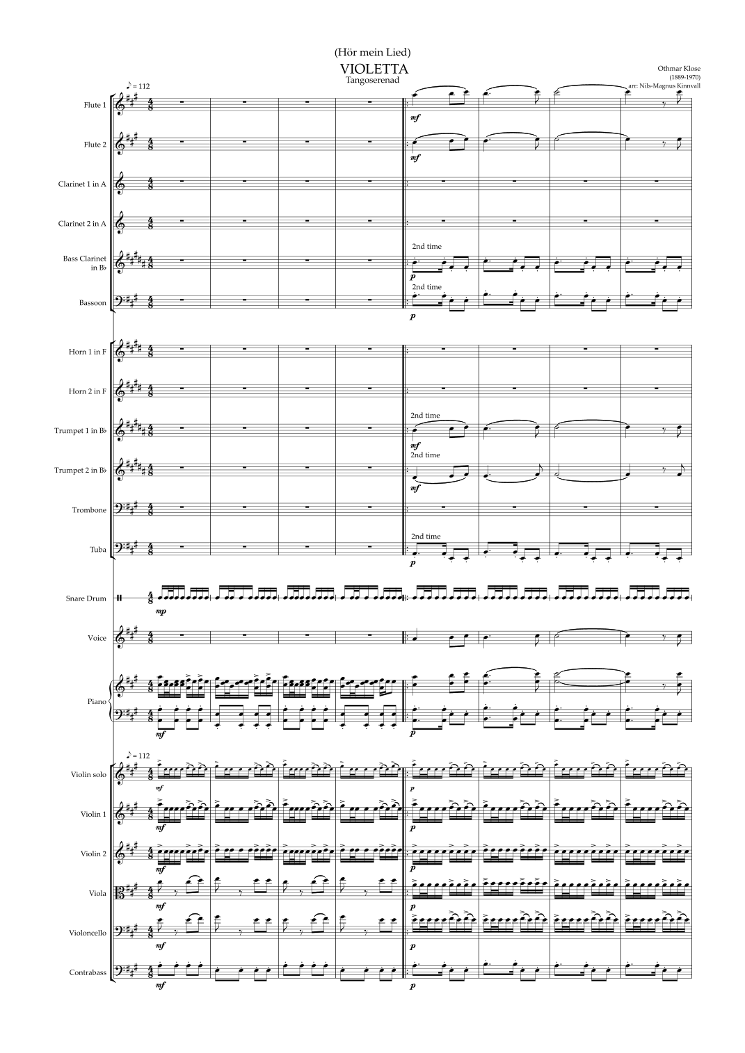 (Hör mein lied) Violetta (arr. Nils-Magnus Kinnvall) by Ottmar Klose Full Orchestra