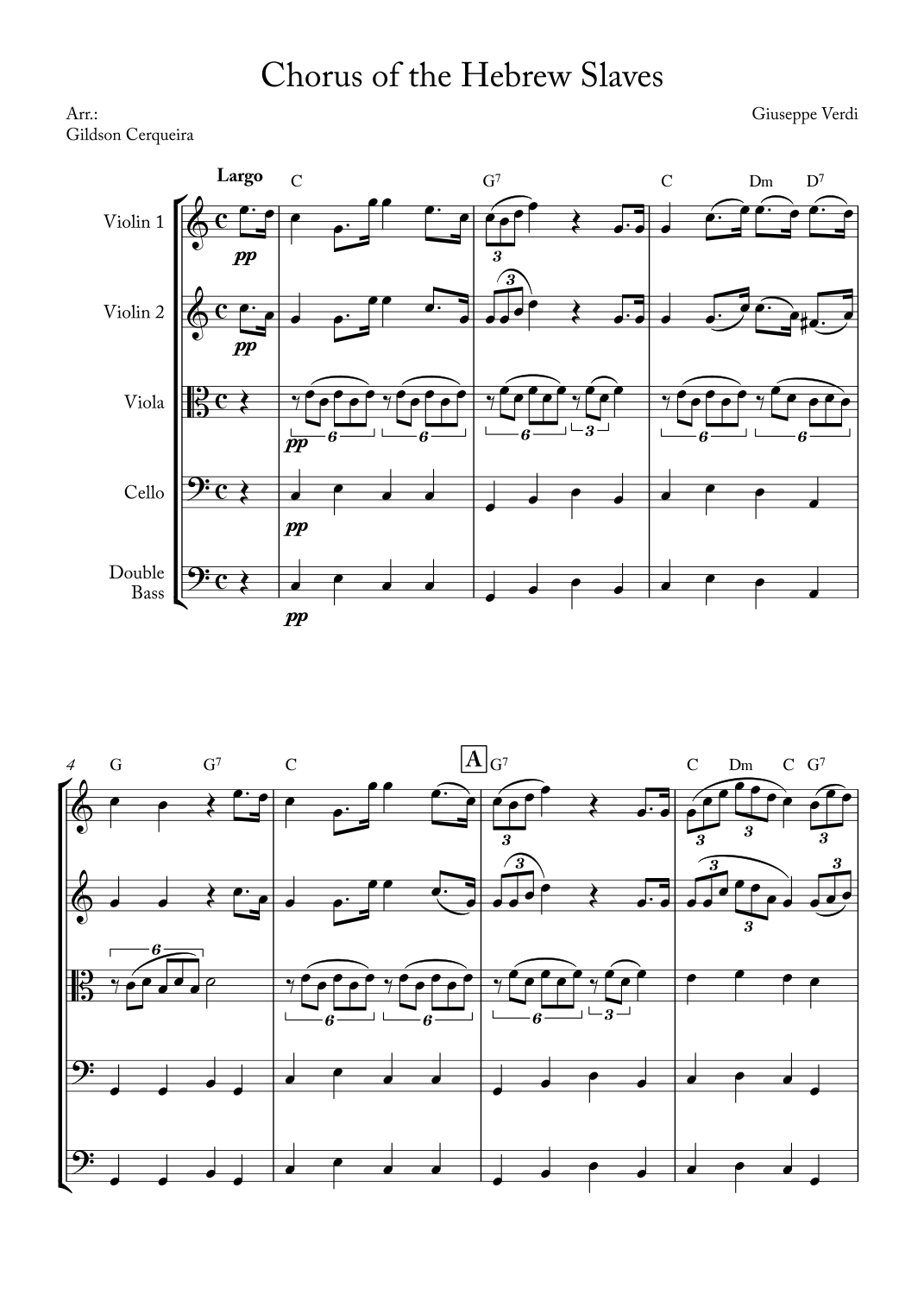 Chorus of the Hebrew Slaves by Giuseppe Verdi Sheet Music for String Ensemble (arr. Gildson ...
