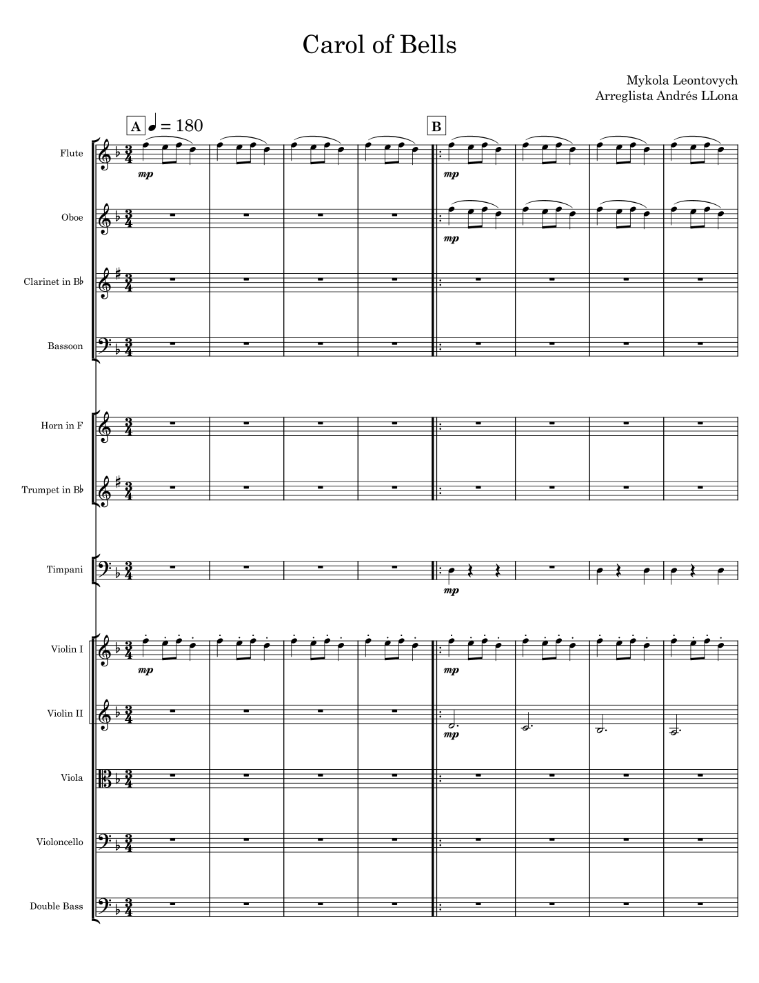Carol of Bells (arr. Andrés LLona) by Mykola Leontovych 管弦乐团全谱 - 预览