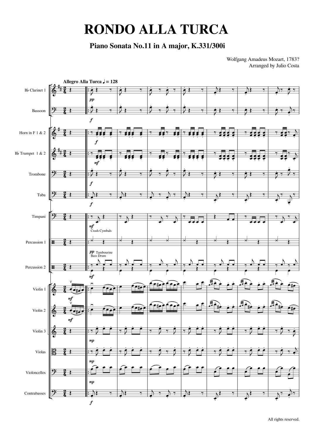 莫扎特《土耳其轮旋曲》管弦乐版 Mozart, Rondo Alla Turca for Orchestra (arr. Julio Costa) by Wolfgang Amadeus Mozart Full Orchestra - 预览