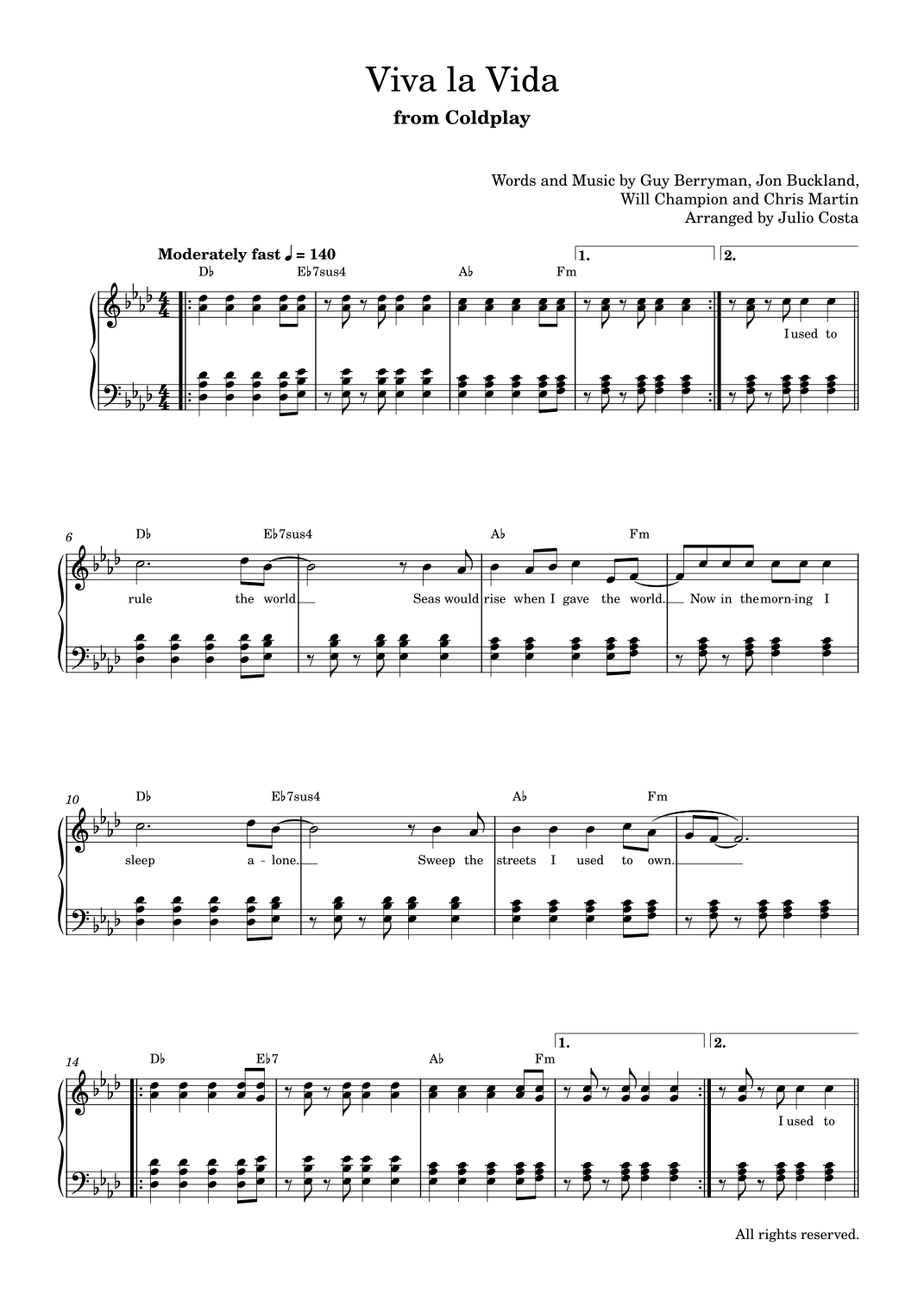 Viva La Vida (arr. Julio Costa) by Coldplay Sheet Music for Easy Piano ...